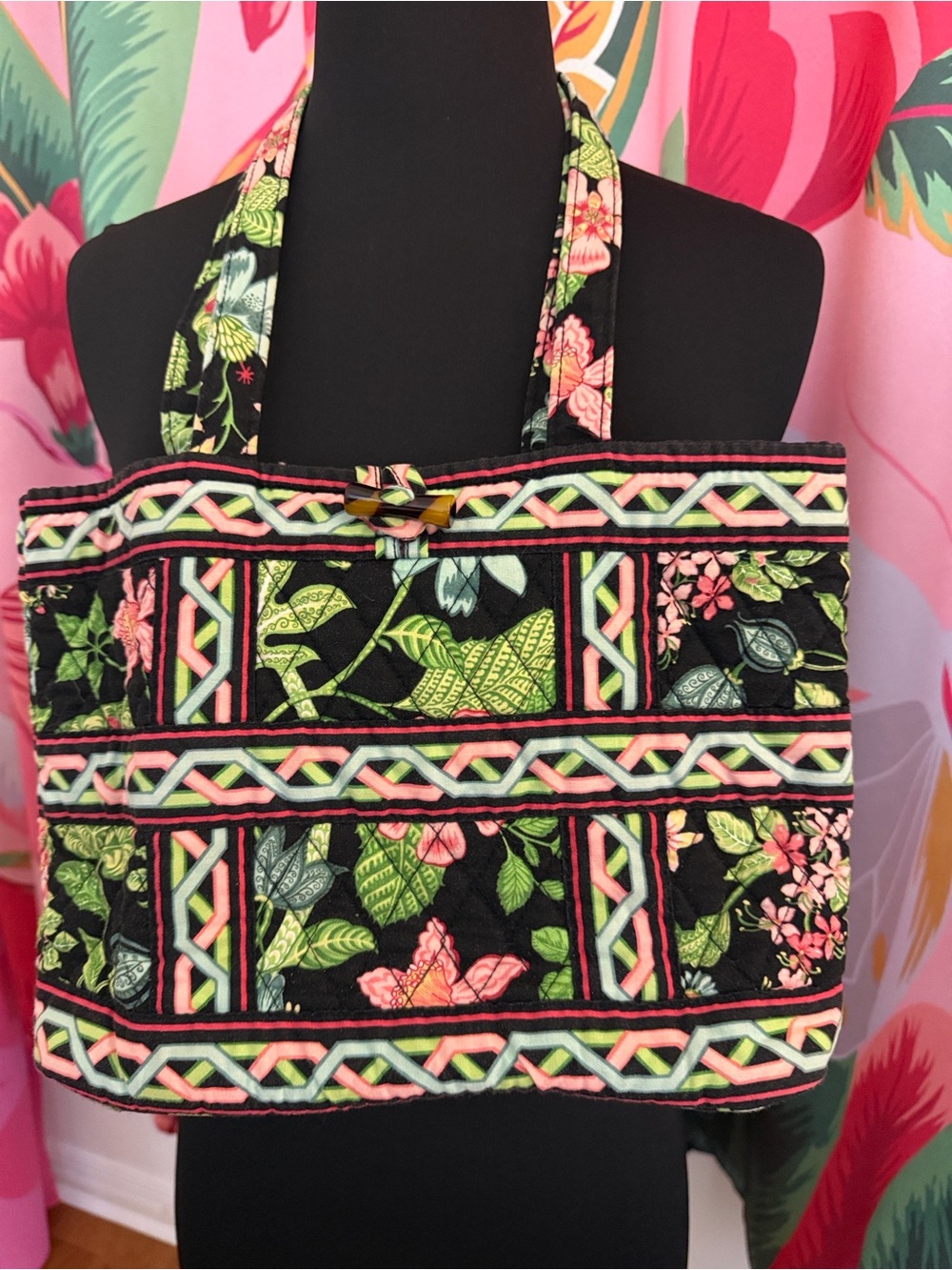 Vera Bradley Quilted Floral Tote in Black, Pink and Green